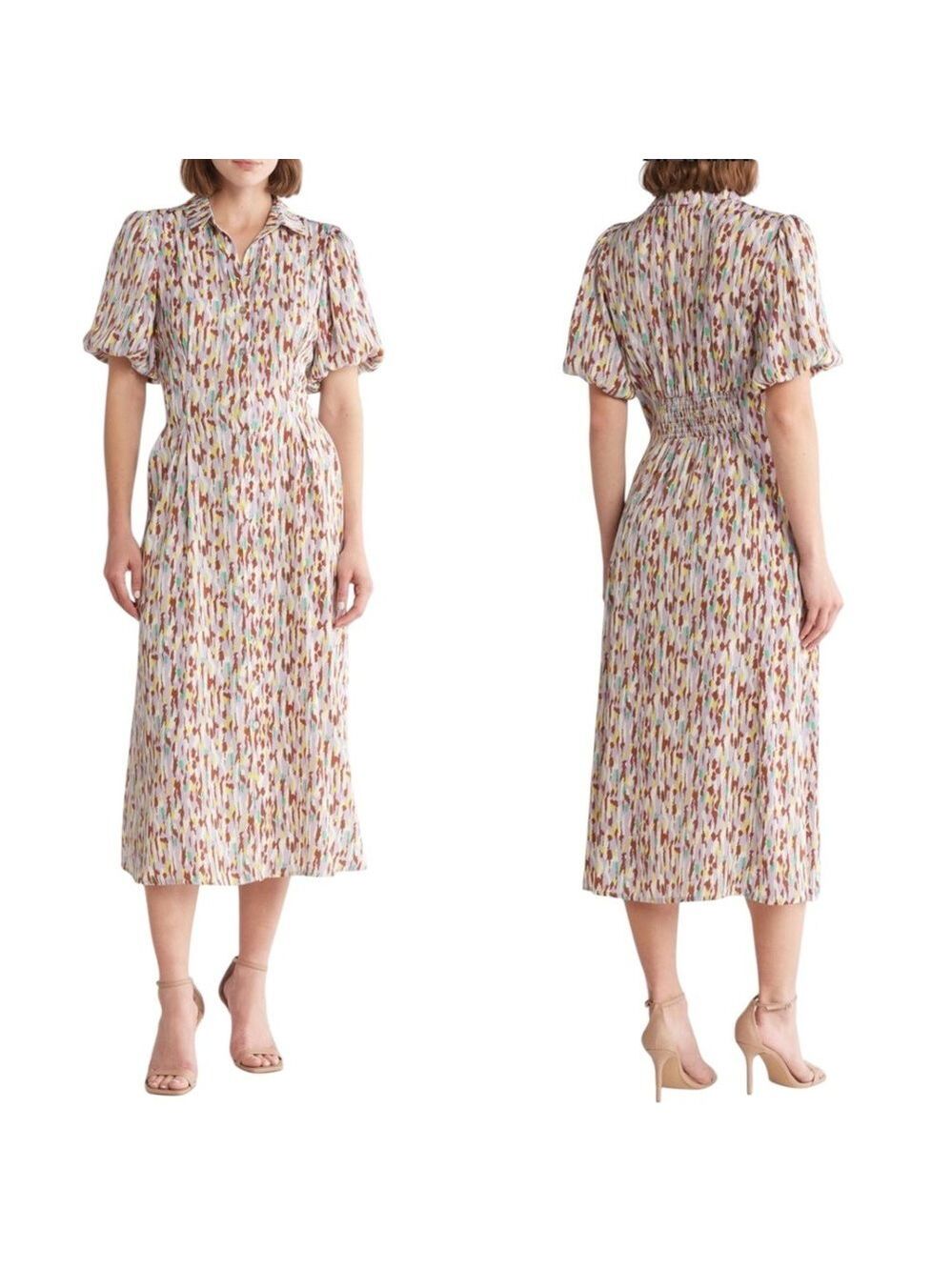 Melloday Puff Sleeve Satin Shirtdress Women’s Size Medium Elegant Button Down